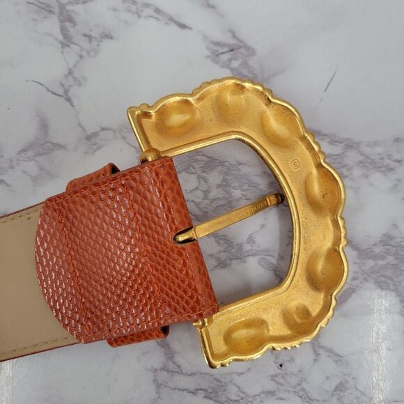 Emmanuel Vintage Oversized Gold Buckle and Deep Coral Lizard Embossed Belt main image 6